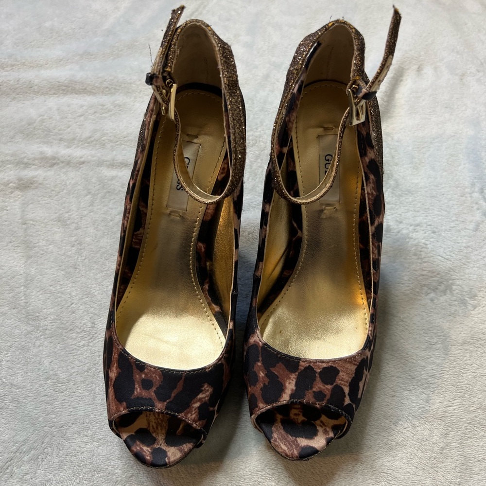 Guess Leopard Print & Sparkle Gold High Heels